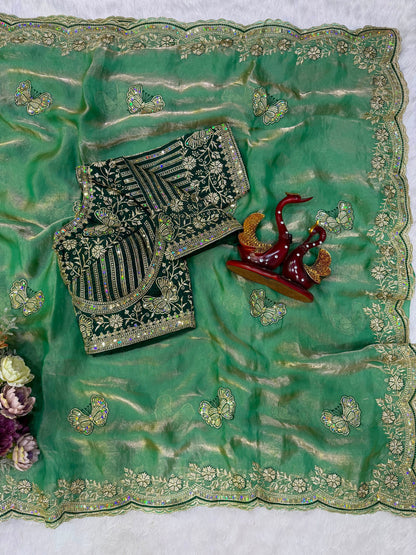 Soft Frendy Satin Sequence Zari Embroidery Designer Saree