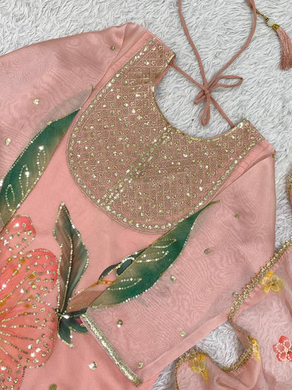 Printed Soft Organza Sequence Embroidery Top Sharara