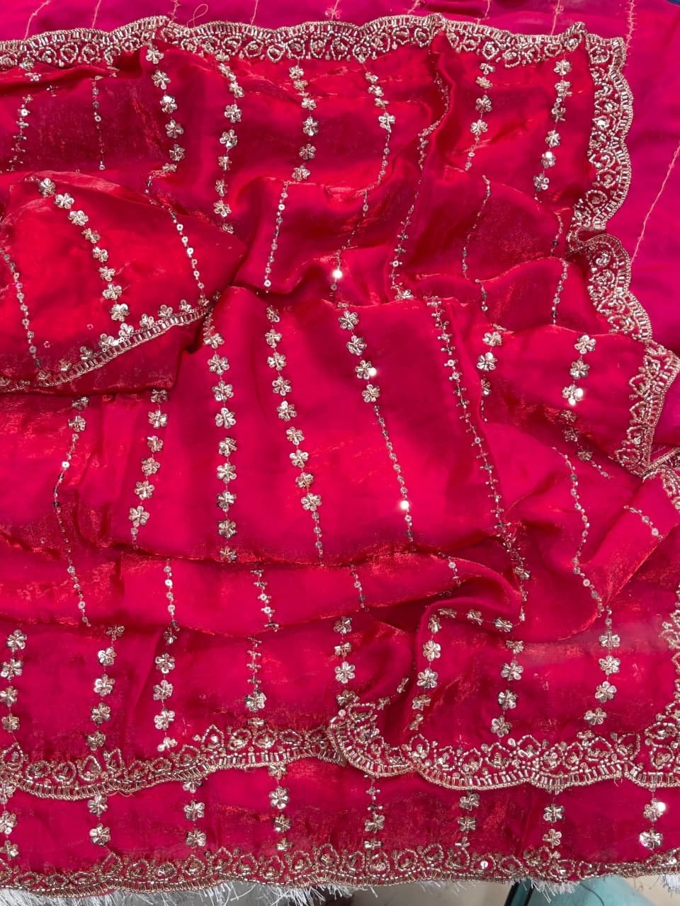 Fendy Satin Lehariya Cutdana Sequins Embroidery Work Saree