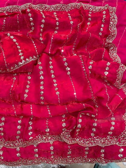 Fendy Satin Lehariya Cutdana Sequins Embroidery Work Saree