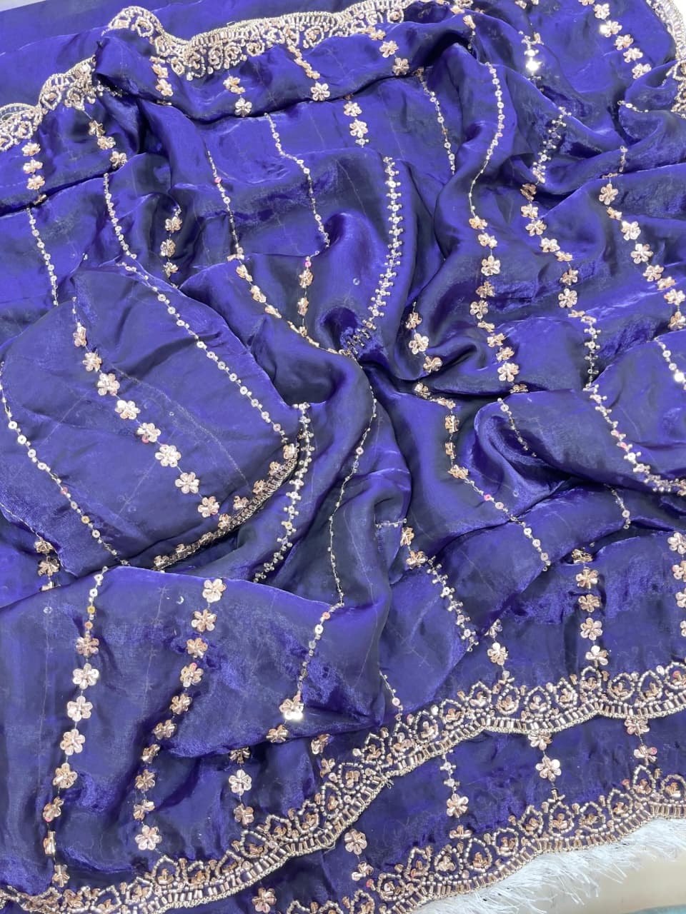 Fendy Satin Lehariya Cutdana Sequins Embroidery Work Saree