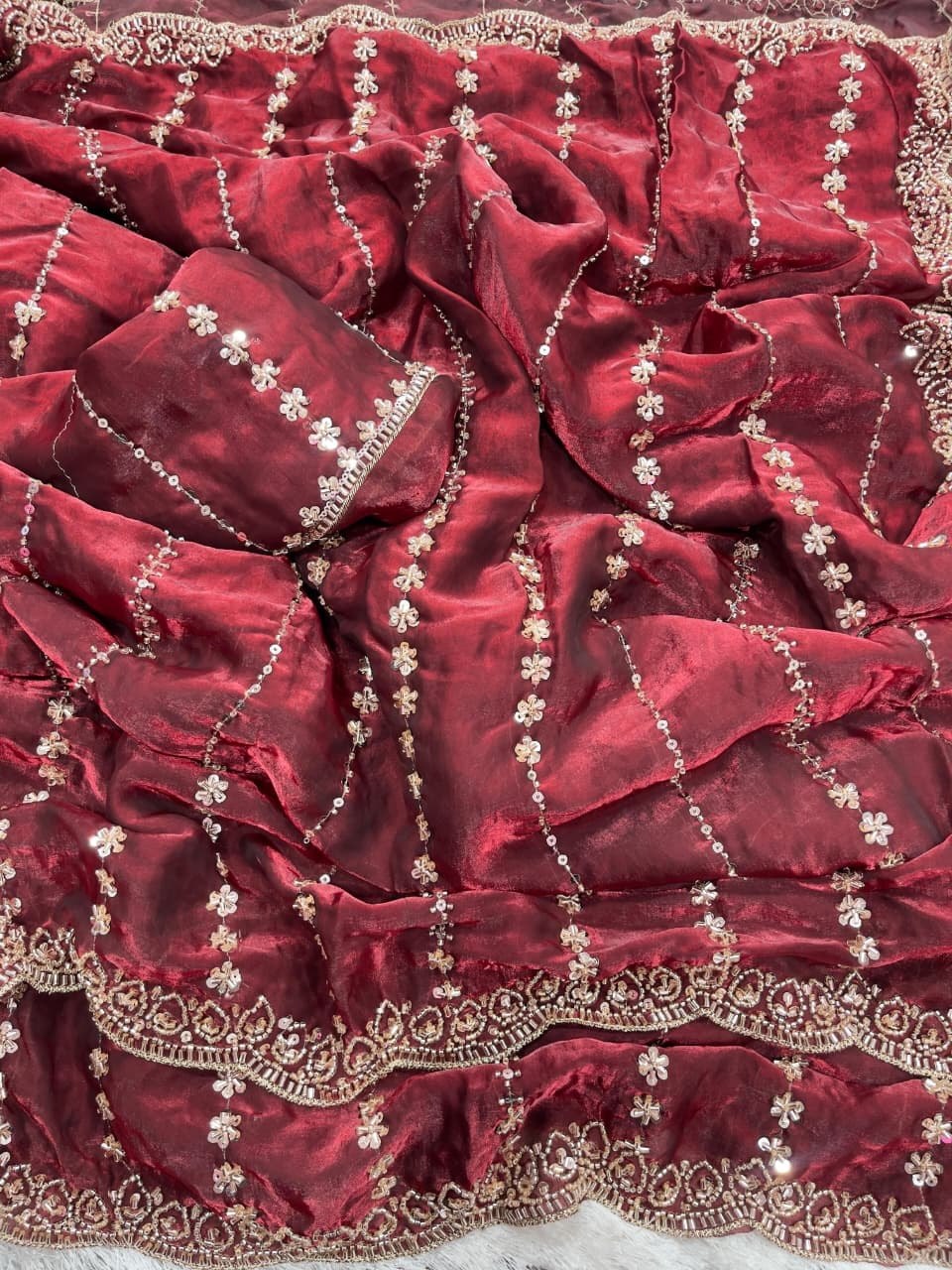 Fendy Satin Lehariya Cutdana Sequins Embroidery Work Saree
