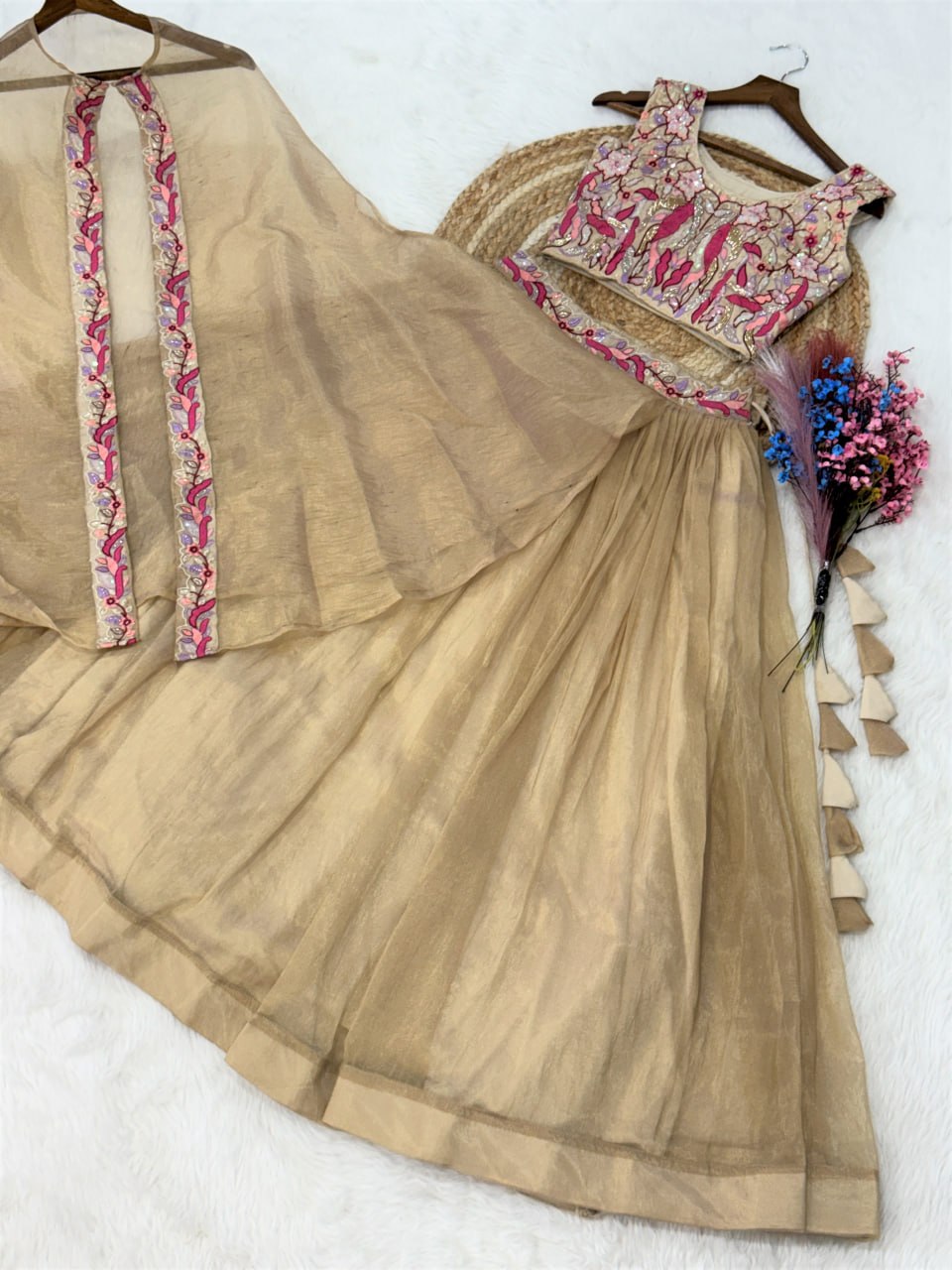 Beautiful Soft Rich Sindur Silk Beads Embroidery Work Lehenga Set