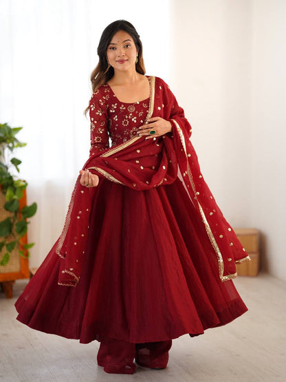 Red Color Premium Look Crunchy Silk Top Plazzo