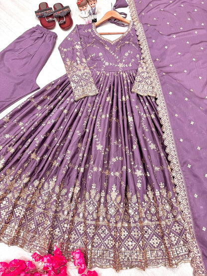 Havy Chinon Silk With Embroidery Sequins Work Gown