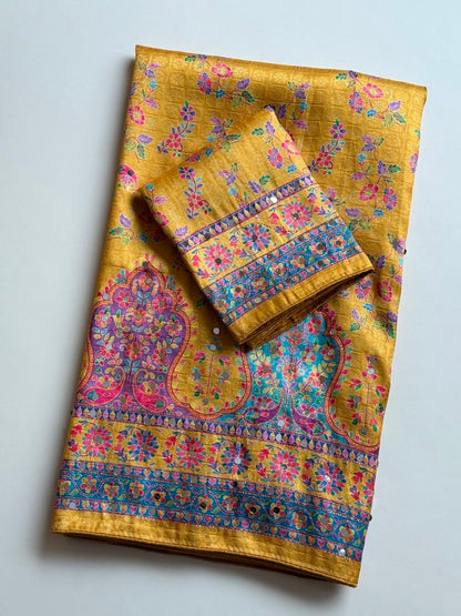 Pure Dola Silk Jaqurad Weaving Digital Print Aari Mirror Work Saree
