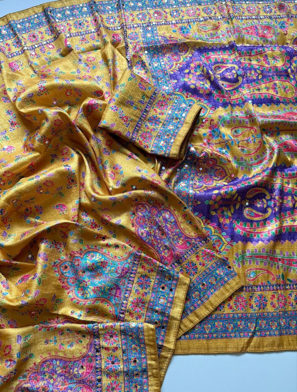 Pure Dola Silk Jaqurad Weaving Digital Print Aari Mirror Work Saree