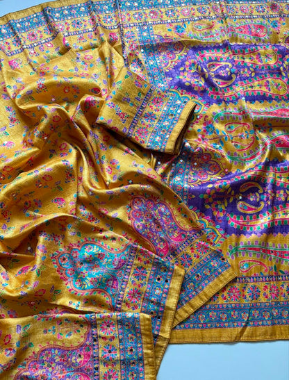 Pure Dola Silk Jaqurad Weaving Digital Print Aari Mirror Work Saree