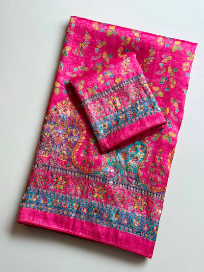 Pure Dola Silk Jaqurad Weaving Digital Print Aari Mirror Work Saree