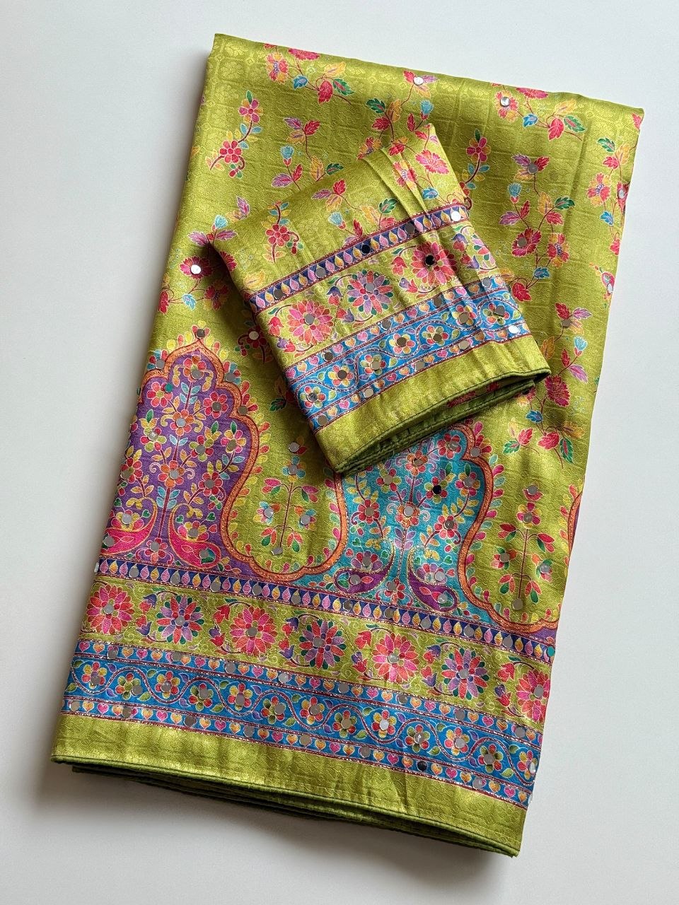 Pure Dola Silk Jaqurad Weaving Digital Print Aari Mirror Work Saree