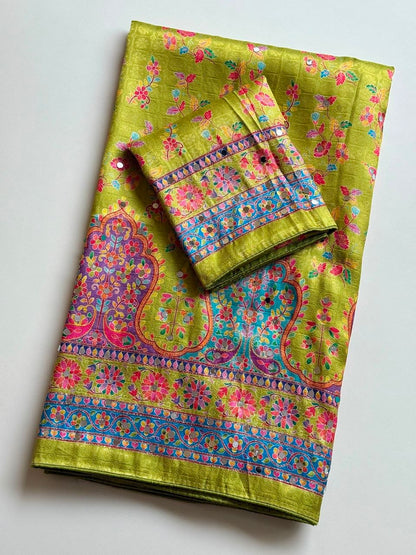 Pure Dola Silk Jaqurad Weaving Digital Print Aari Mirror Work Saree