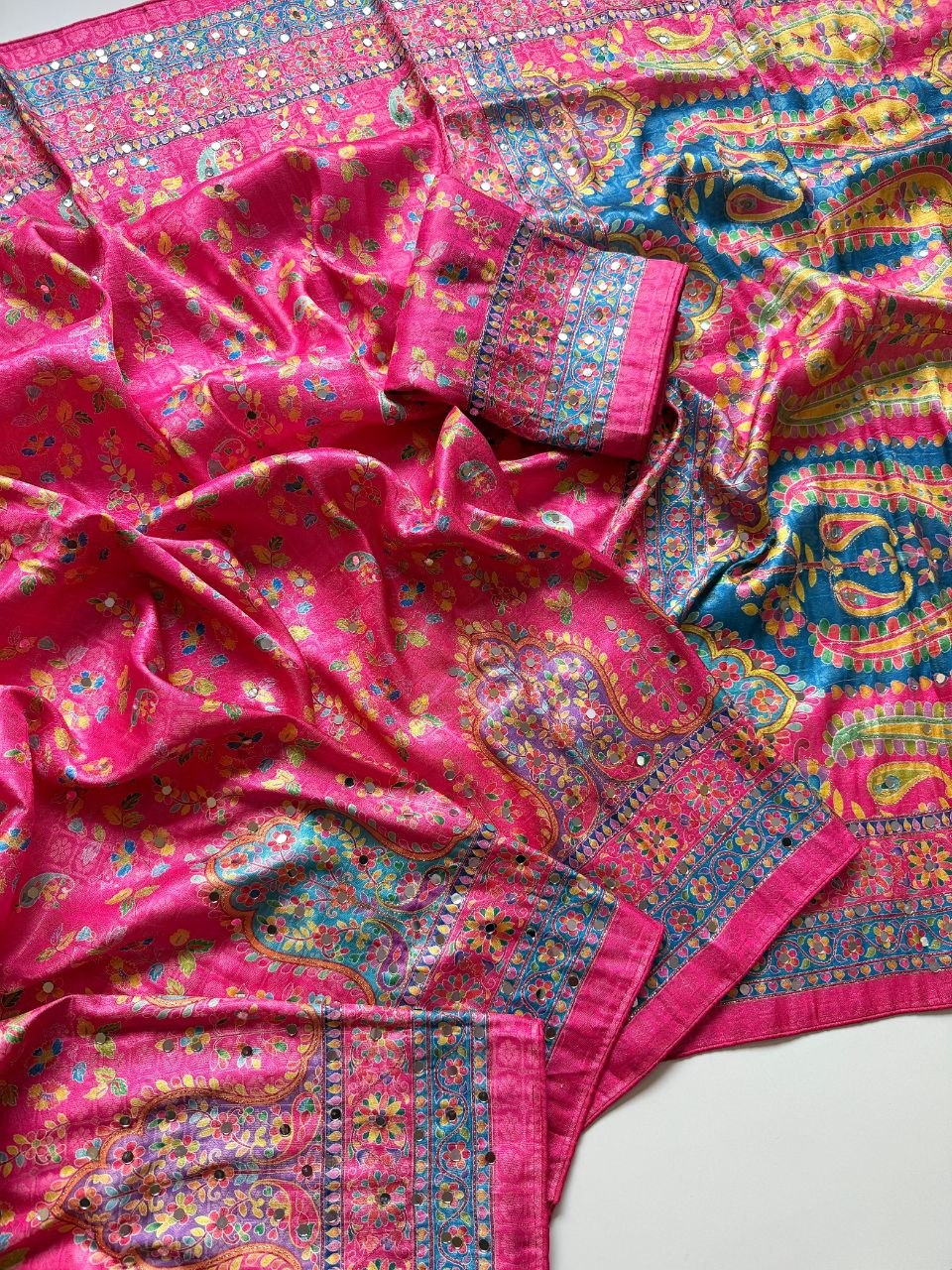 Pure Dola Silk Jaqurad Weaving Digital Print Aari Mirror Work Saree