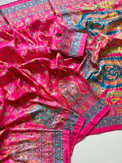 Pure Dola Silk Jaqurad Weaving Digital Print Aari Mirror Work Saree