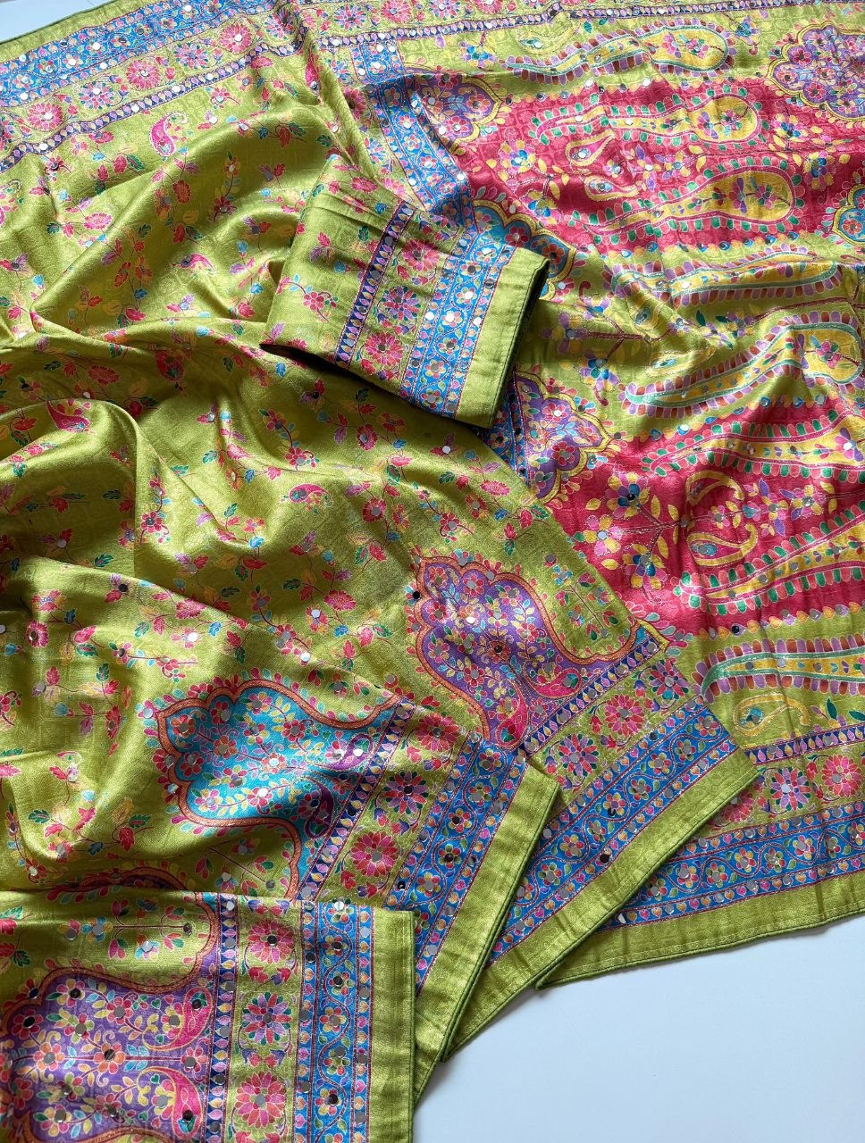 Pure Dola Silk Jaqurad Weaving Digital Print Aari Mirror Work Saree