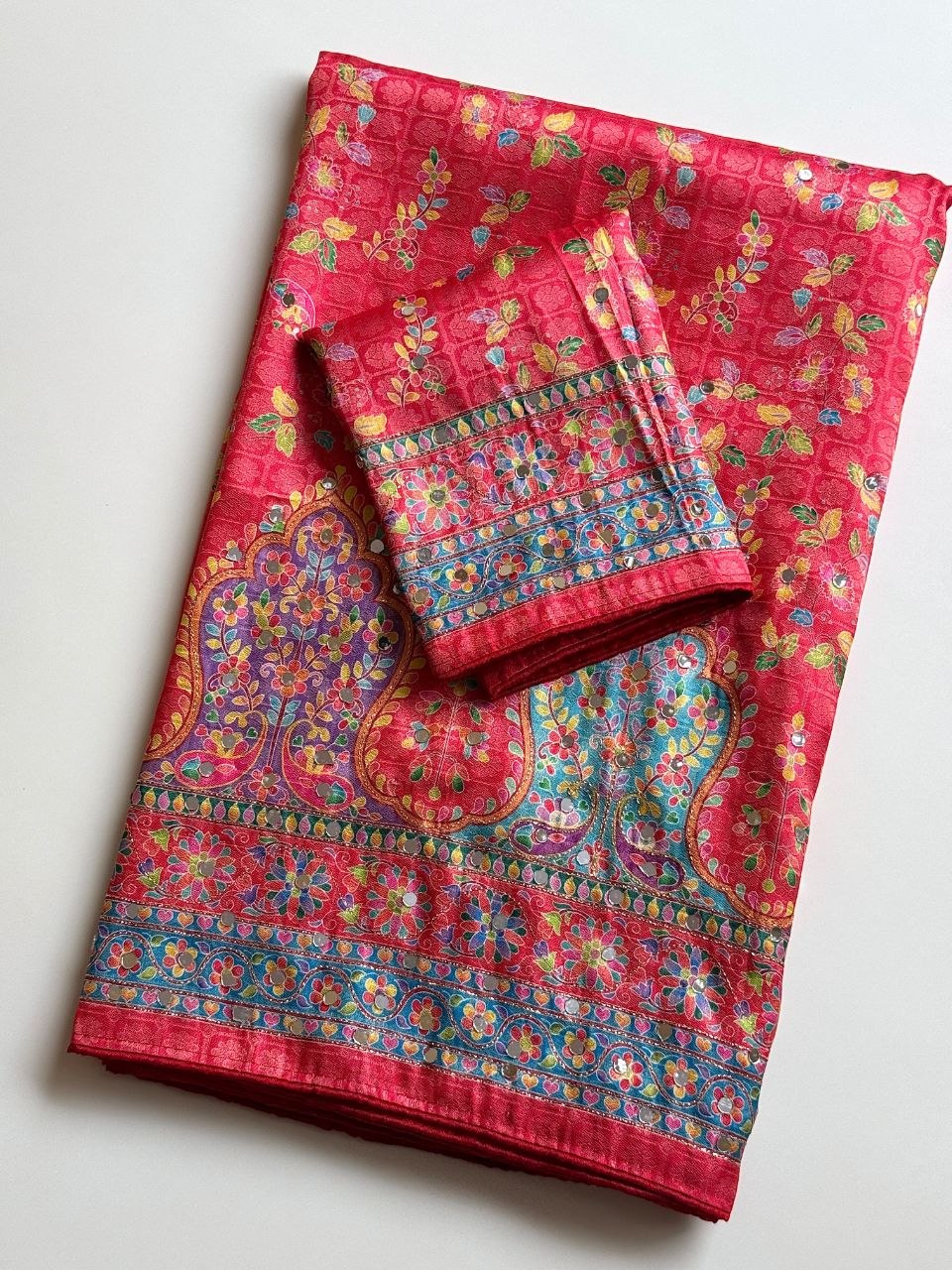 Pure Dola Silk Jaqurad Weaving Digital Print Aari Mirror Work Saree