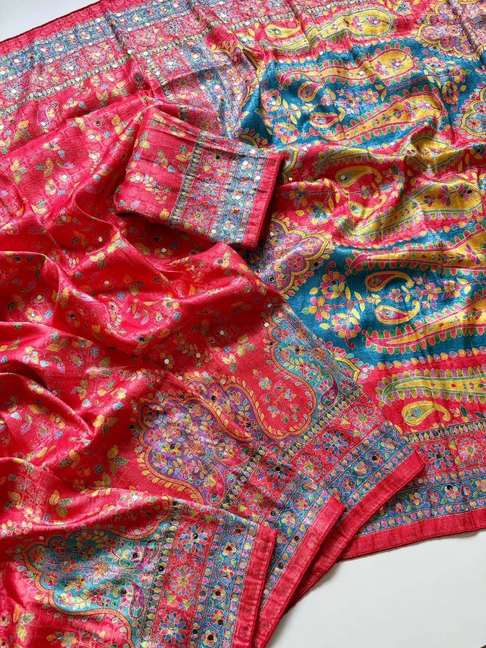 Pure Dola Silk Jaqurad Weaving Digital Print Aari Mirror Work Saree