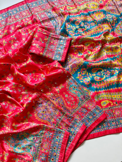 Pure Dola Silk Jaqurad Weaving Digital Print Aari Mirror Work Saree