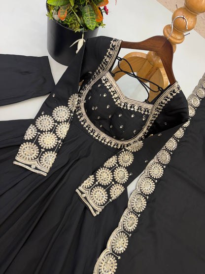 Roman Silk Embroidery Sequence Work Gown Set