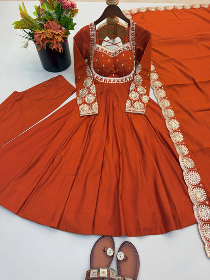Roman Silk Embroidery Sequence Work Gown Set