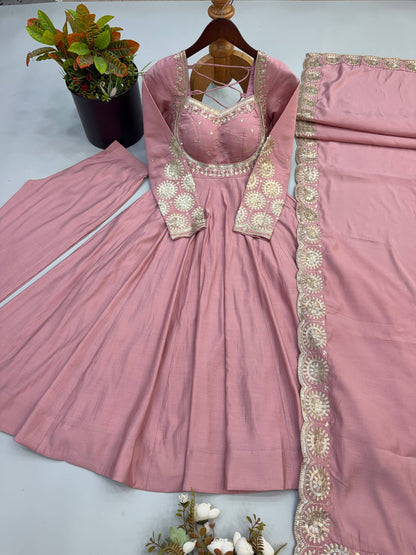 Roman Silk Embroidery Sequence Work Gown Set