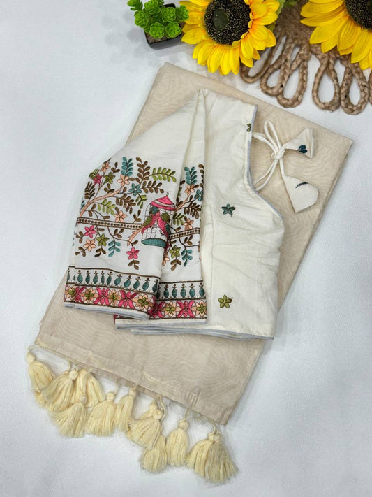 Handloom Khadi Cotton With Bigger Pom Pom Saree