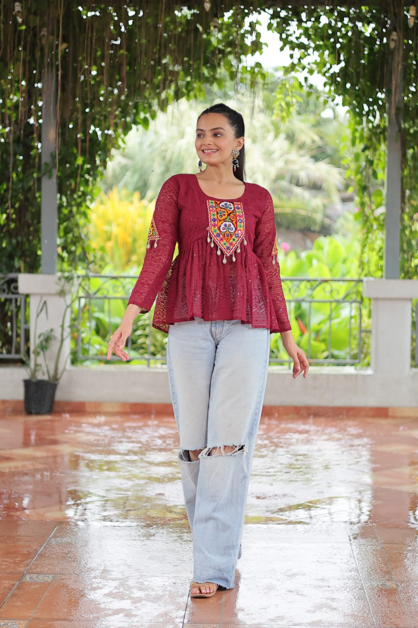 Navratri Specal Georgette Schffi Kutchi Patch Work Top