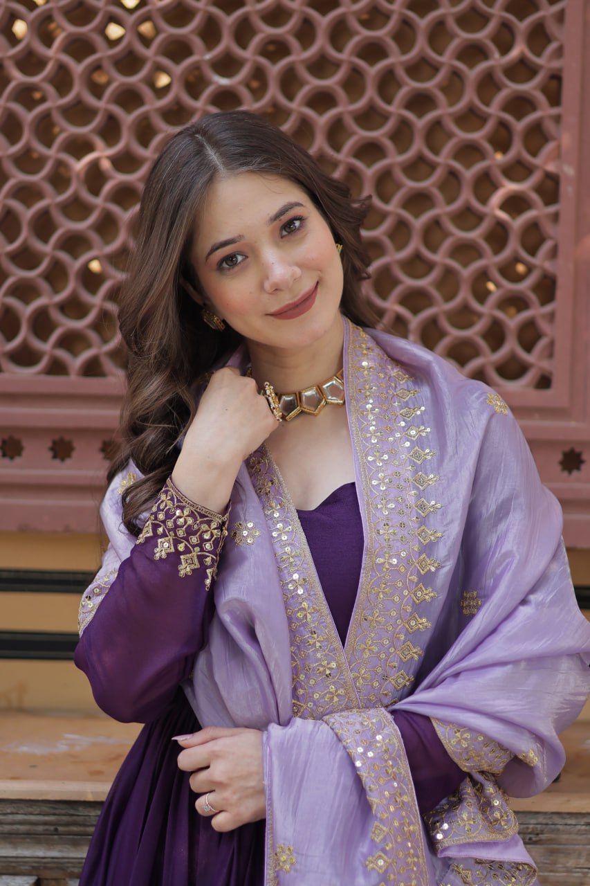 ETHNIC PLUS PURPLE EMBROIDERED GEORGETTE WEDDING ANARKALI GOWN