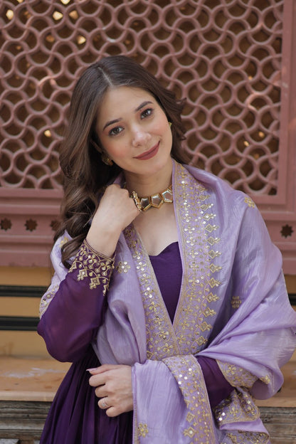 ETHNIC PLUS PURPLE EMBROIDERED GEORGETTE WEDDING ANARKALI GOWN