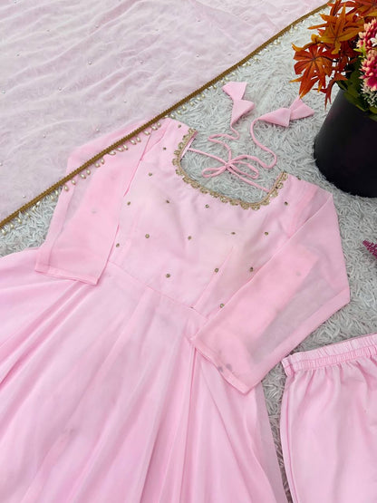 Pink Color Faux Georgette Embroidery Work Top Pent