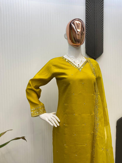 Roman Silk With Sequence Embeoidery Work With Mirror Work Top Pent