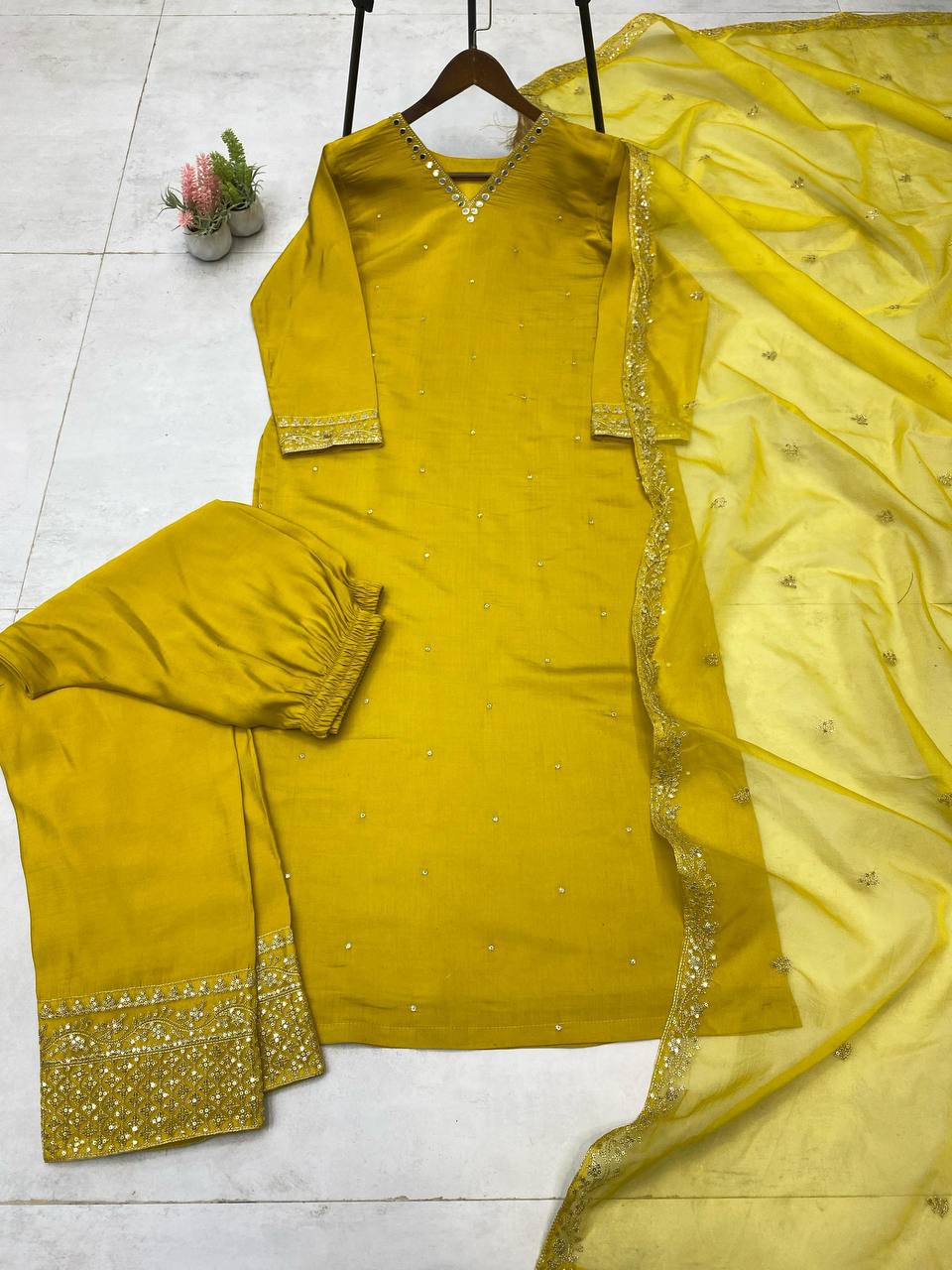 Roman Silk With Sequence Embeoidery Work With Mirror Work Top Pent