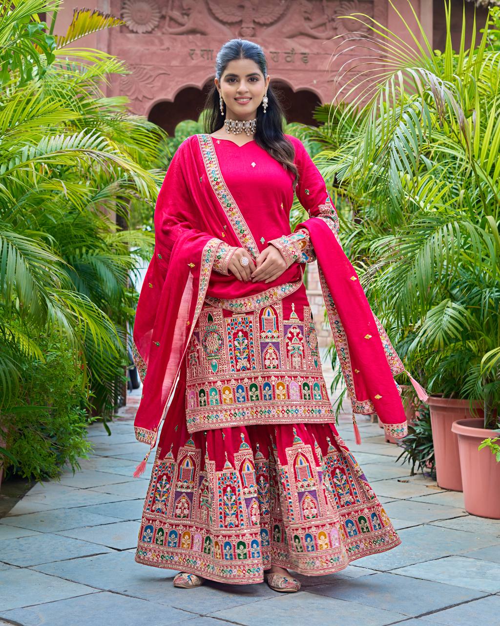 Pure Chinon Silk Heavy Embroidery Work Top Plazzo