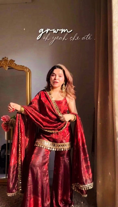 Beautiful Soft Rich Fendy Silk Embroidery Sequence & Mirror Work Plazzo Set