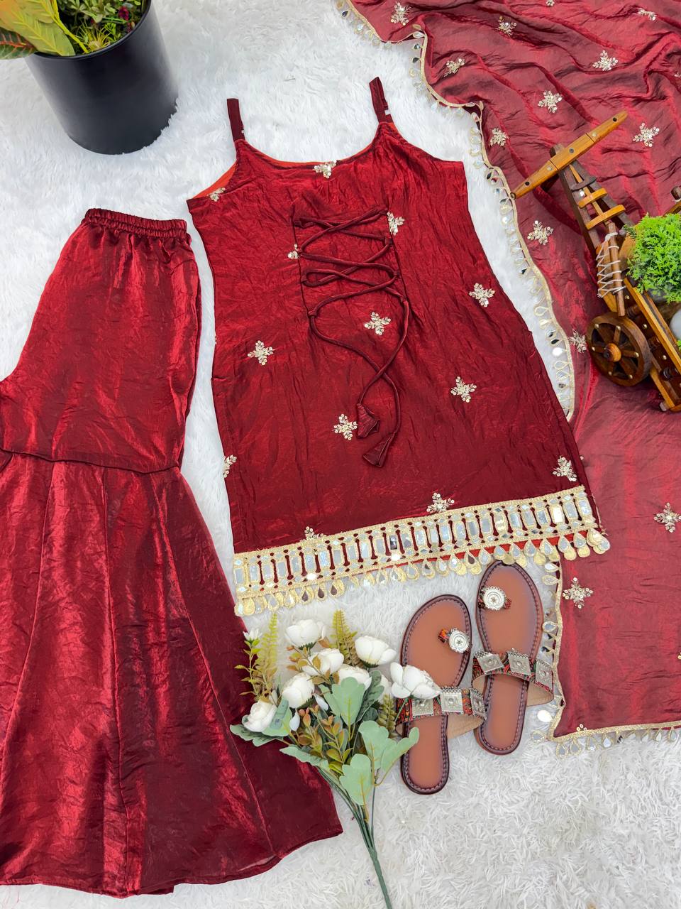 Beautiful Soft Rich Fendy Silk Embroidery Sequence & Mirror Work Plazzo Set