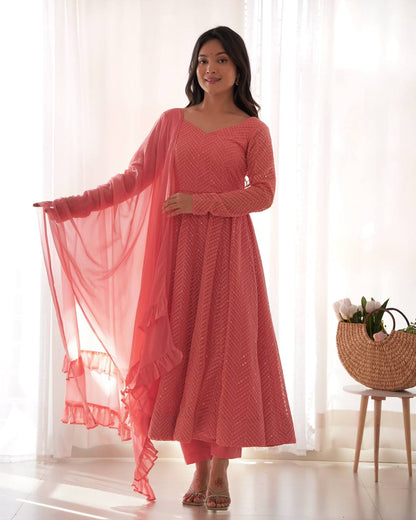 DESIGNER LUKHNOWI SEQUENCE WORK GREEN COLOR ANARKALI GOWN WITH 4 MTR FLAIR
