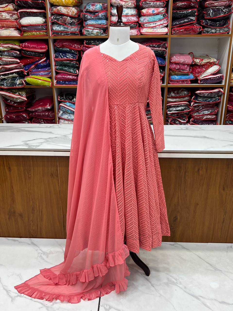 DESIGNER LUKHNOWI SEQUENCE WORK GREEN COLOR ANARKALI GOWN WITH 4 MTR FLAIR