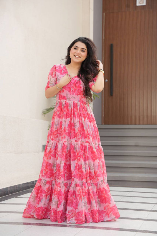 Faux Georgette Print Work Cotton Lining Gown