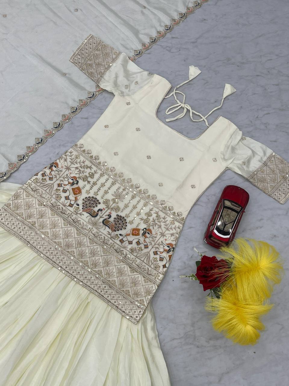 White Color Embroidery Sequins Work Top Lehenga