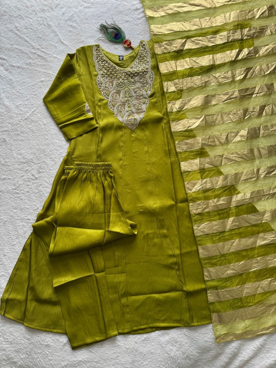 Glass Roman Silk Beads Embroidery Work Top Pant