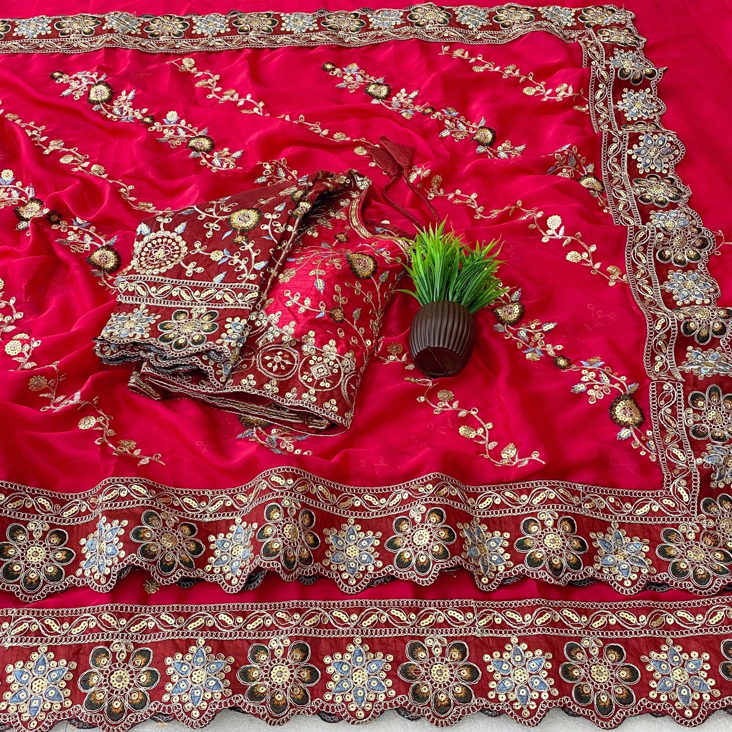 Pure Rangoli Silk Multi Embroidery Cut Work Lace Saree