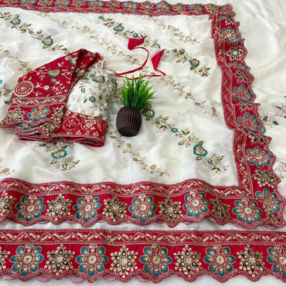 Pure Rangoli Silk Multi Embroidery Cut Work Lace Saree