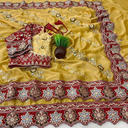 Pure Rangoli Silk Multi Embroidery Cut Work Lace Saree
