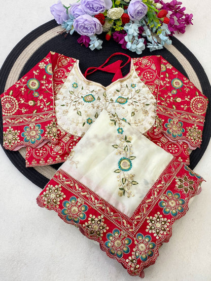 Pure Rangoli Silk Multi Embroidery Cut Work Lace Saree