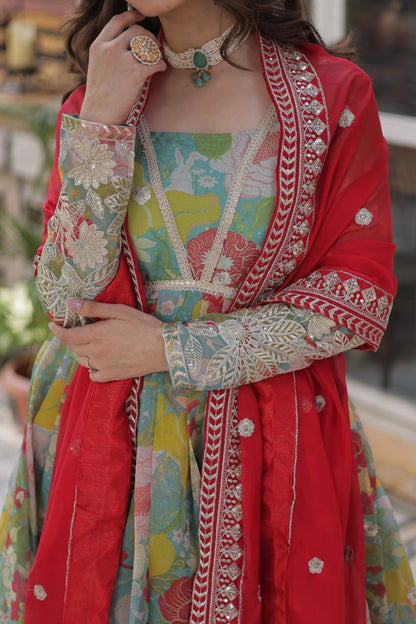 RUSSIAN SILK PREMIUM READYMADE ALIA CUT GOWN WITH DUPATTA SET
