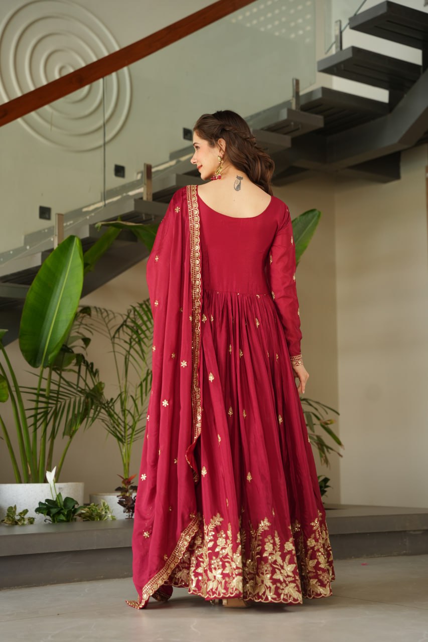 Chinon Embroidery Zari Sequence Work Gown