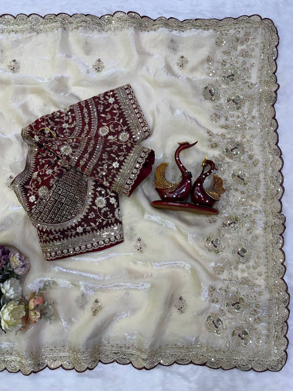 Soft Frendy Satin Sequence Zari Embroidery Work Saree