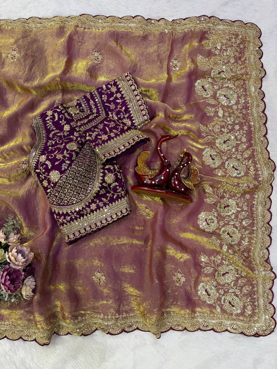 Soft Frendy Satin Sequence Zari Embroidery Work Saree