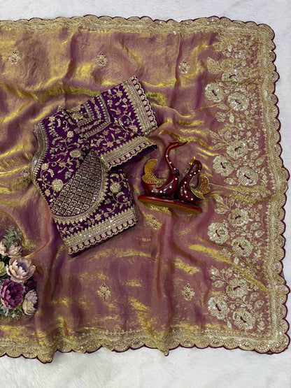 Soft Frendy Satin Sequence Zari Embroidery Work Saree