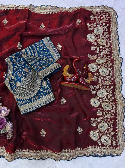 Soft Frendy Satin Sequence Zari Embroidery Work Saree