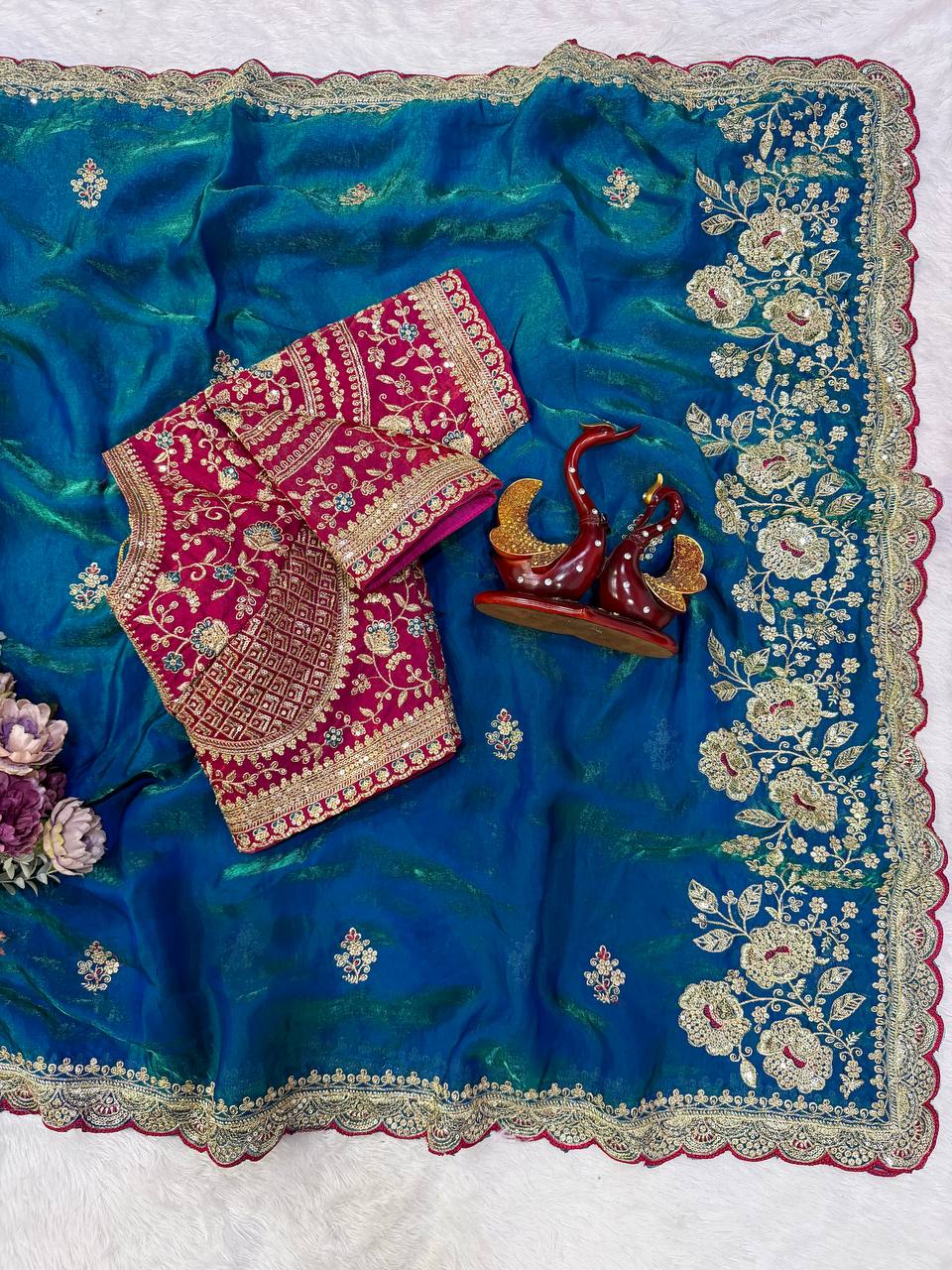 Soft Frendy Satin Sequence Zari Embroidery Work Saree
